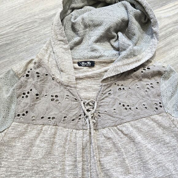 Miss Me Woman's Size M Knit Crochet Embroidered Hoodie Sweater Drawstring - Picture 2 of 9